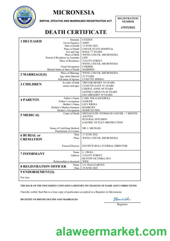 Micronesia vital record death certificate Word and PDF template